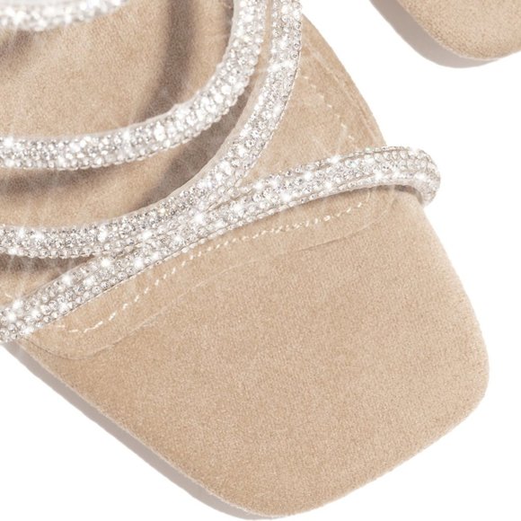 🔥Nude Rhinestone Strap Chunky Heel Mule Sandal - Picture 4 of 8